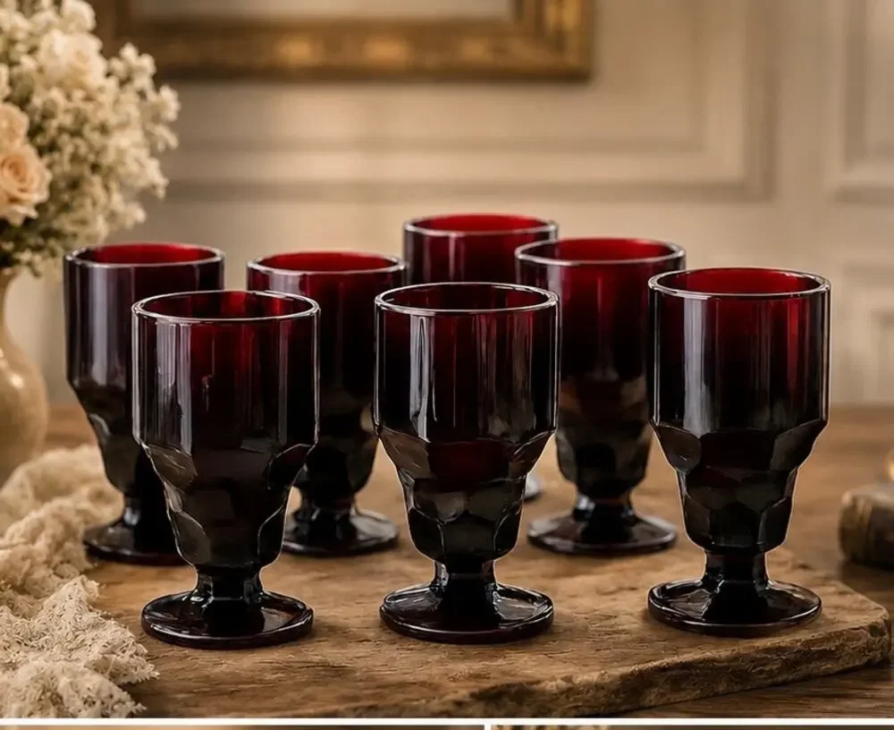 Vintage Ruby Red Glass Goblets Set of 7 Faceted Stem Water Wine Glasse